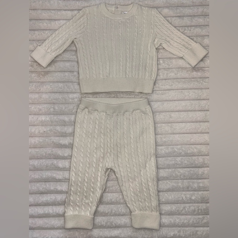 RALPH LAUREN Baby Girl Mini-Cable Cotton Sweater & Pant Set- Cream/ Size 6M - Picture 3 of 8